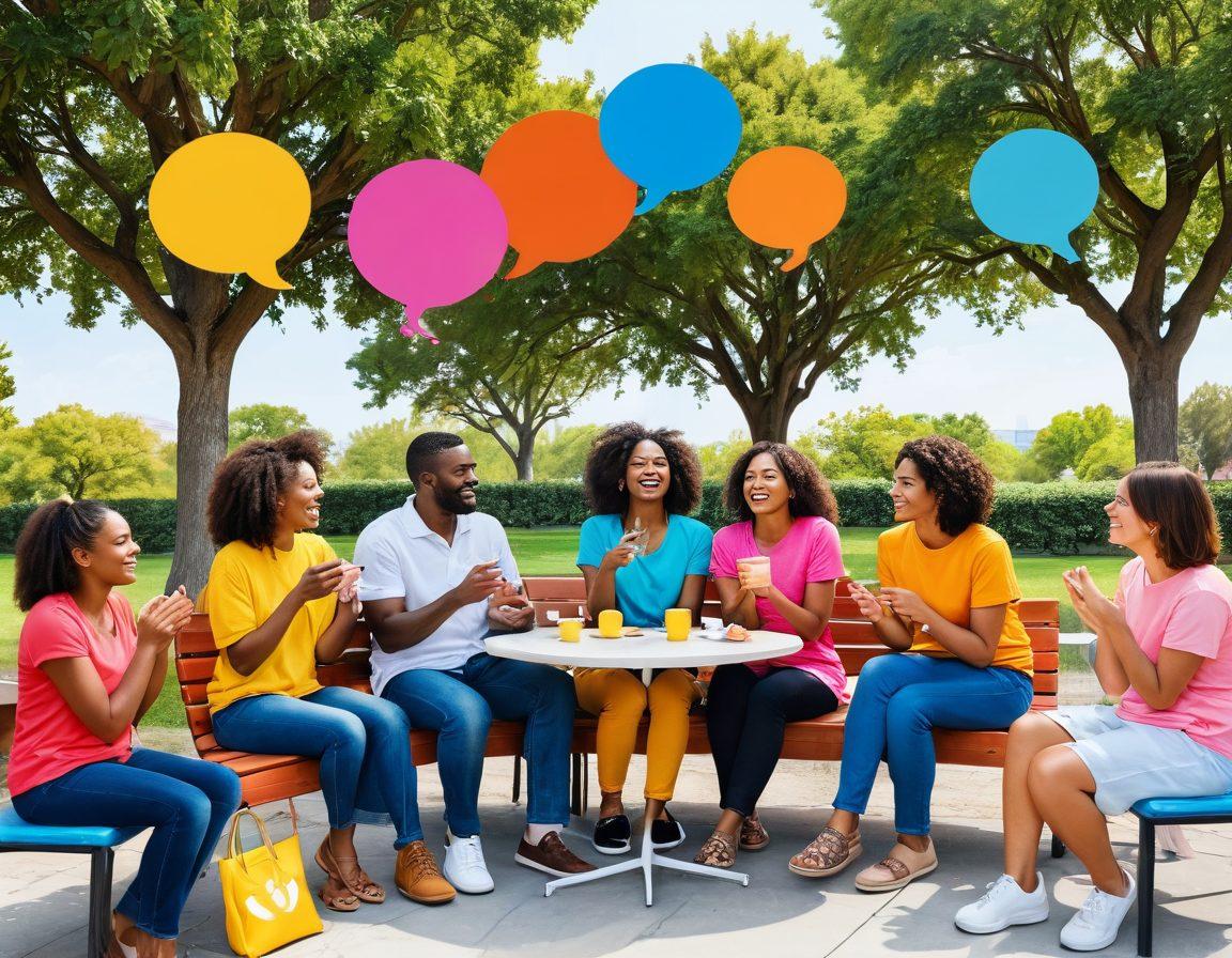 A vibrant scene depicting diverse people joyfully communicating in various settings, including a park, a café, and a cozy living room. Incorporate colorful speech bubbles filled with emojis and symbols representing different languages and expressions. Add elements symbolizing friendship and connection, such as hands reaching out or people laughing together. The background should be bright and engaging, reflecting the joy of interaction. super-realistic. vibrant colors. white background.