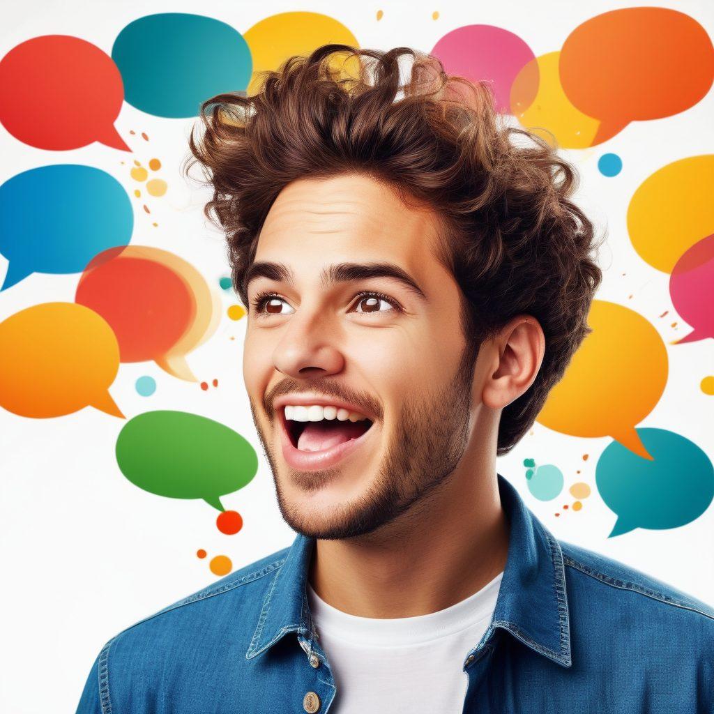 A dynamic scene depicting a confident individual engaging in an enthusiastic conversation, surrounded by vibrant speech bubbles filled with creative ideas and concepts. The background features a blend of ordinary and extraordinary elements, symbolizing transformation and growth. Bright colors and expressive facial expressions evoke a sense of excitement and effective communication. super-realistic. vibrant colors. white background.