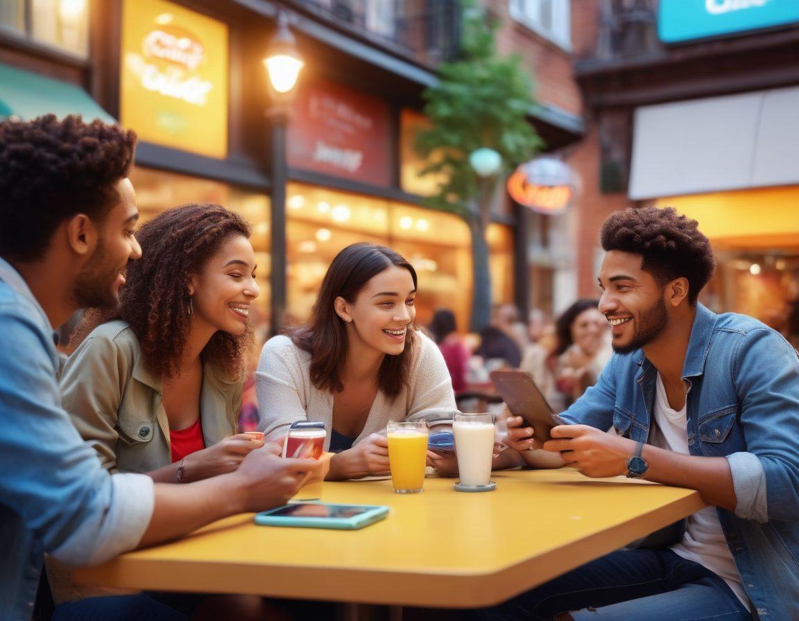 A lively urban café scene filled with diverse groups of friends engaging in animated conversations, showcasing mobile devices displaying Bulchat's premium features. Bright, inviting colors with a focus on joyful expressions and social interaction. In the background, a digital overlay highlights key features like chat bubbles and iconography. super-realistic. vibrant colors. modern digital art.